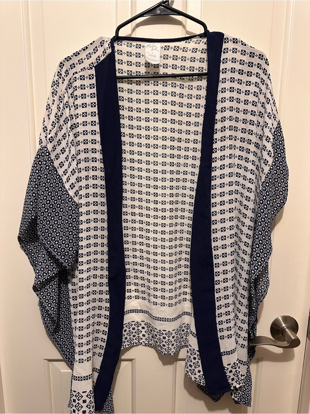 Kona Sol Navy and White Printed Open-Front Kimono